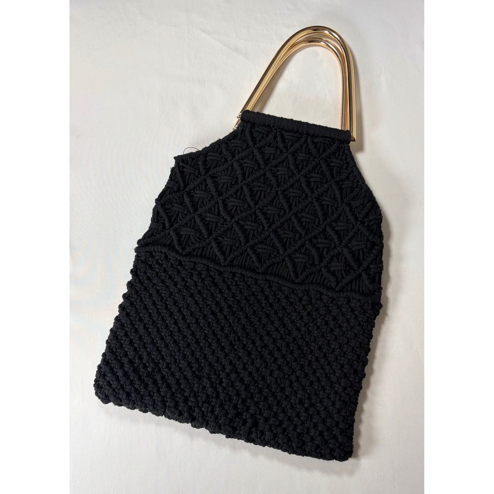 Ulla Johnson Black Macrame Cotton Handbag Gold Brass Handles Made in Peru